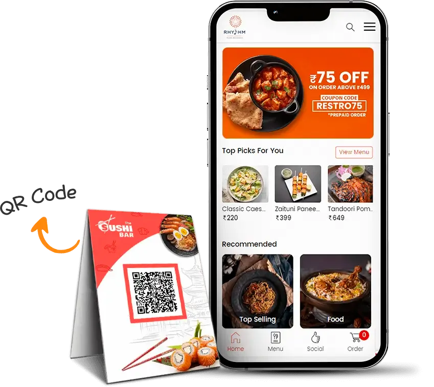 Fotografía de carta gastronómica en celular con código QR